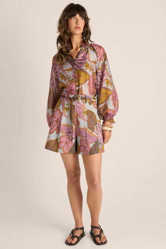 Daria Belted Shorts - Leaf Print