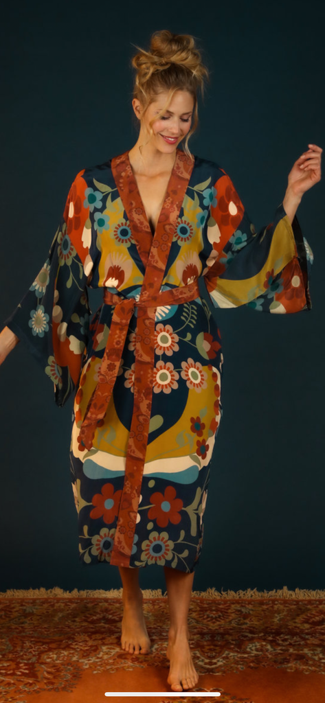 Scandinavian Floral Kimono Gown - Navy
