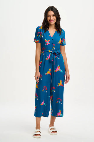 Kristie Cropped Jumpsuit - Teal Rainbow Parrots