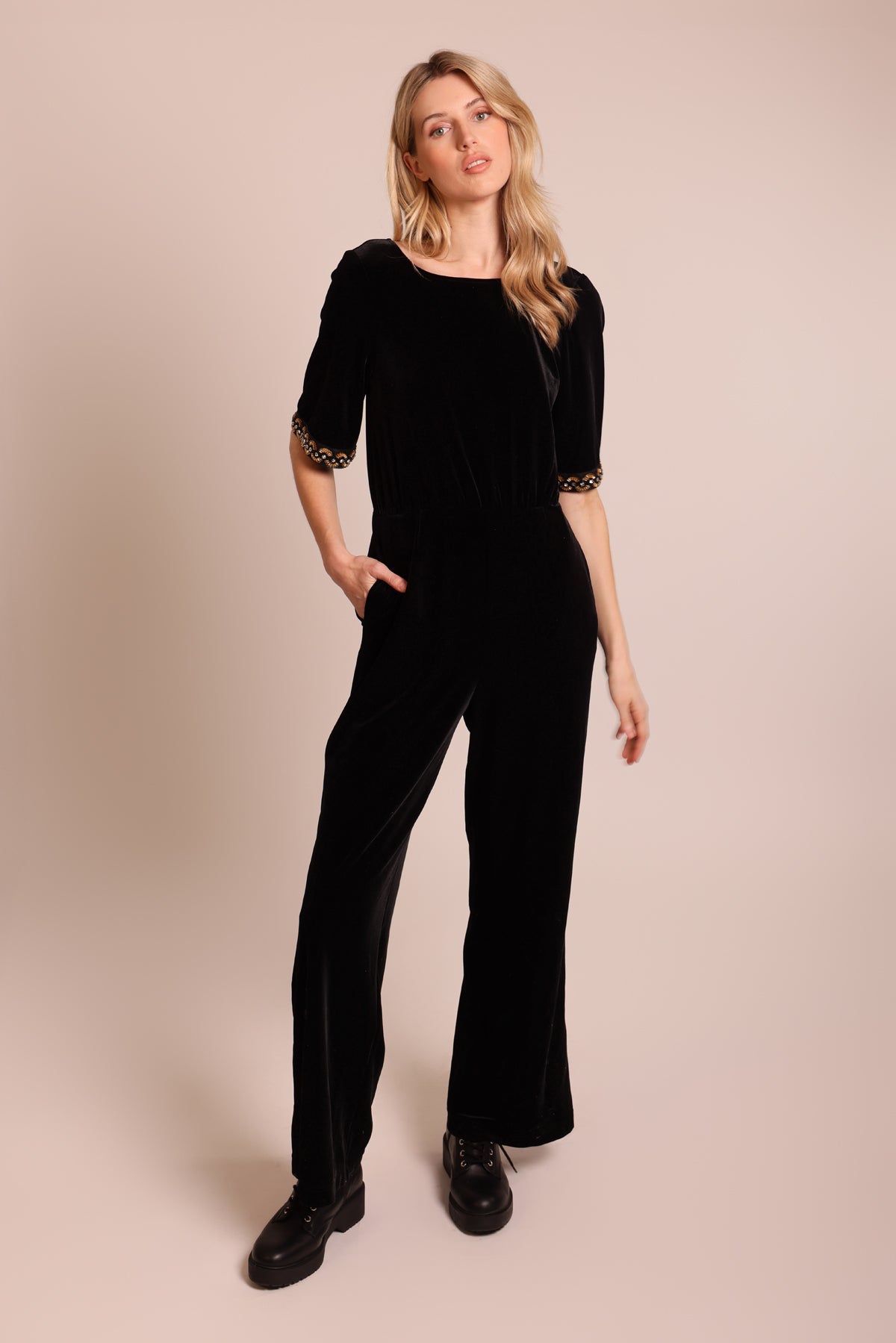 No Going Back Jumpsuit - Sequin Cuff Black Velvet