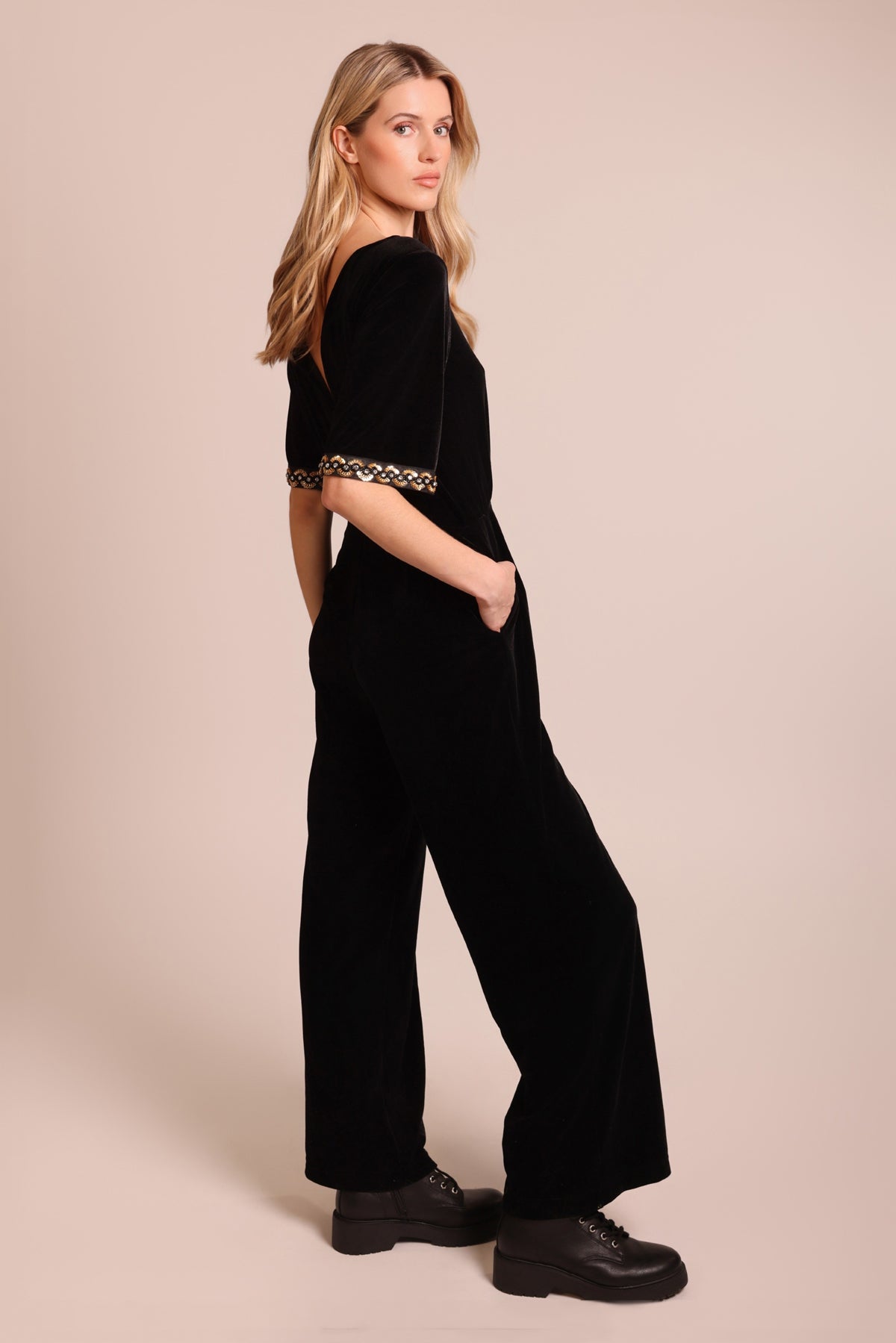 No Going Back Jumpsuit - Sequin Cuff Black Velvet