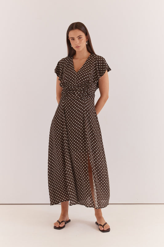 Elba Ruched Waist Dress - Brown Polka Dots