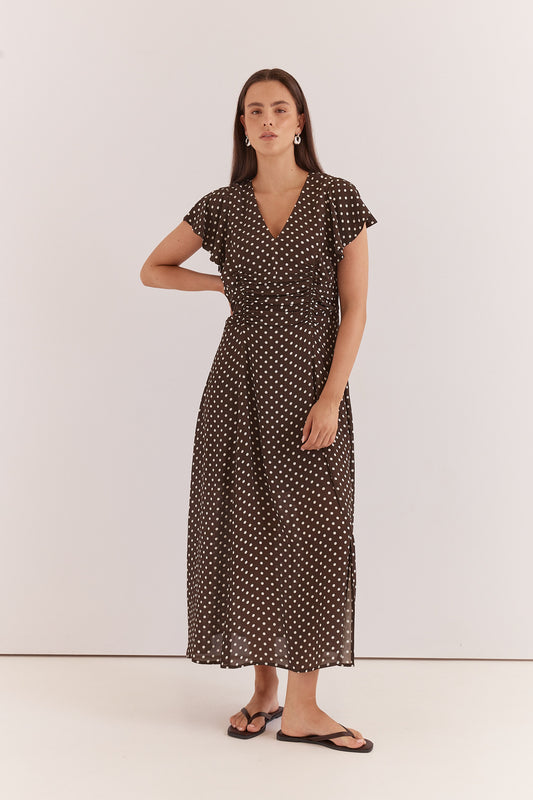 Elba Ruched Waist Dress - Brown Polka Dots