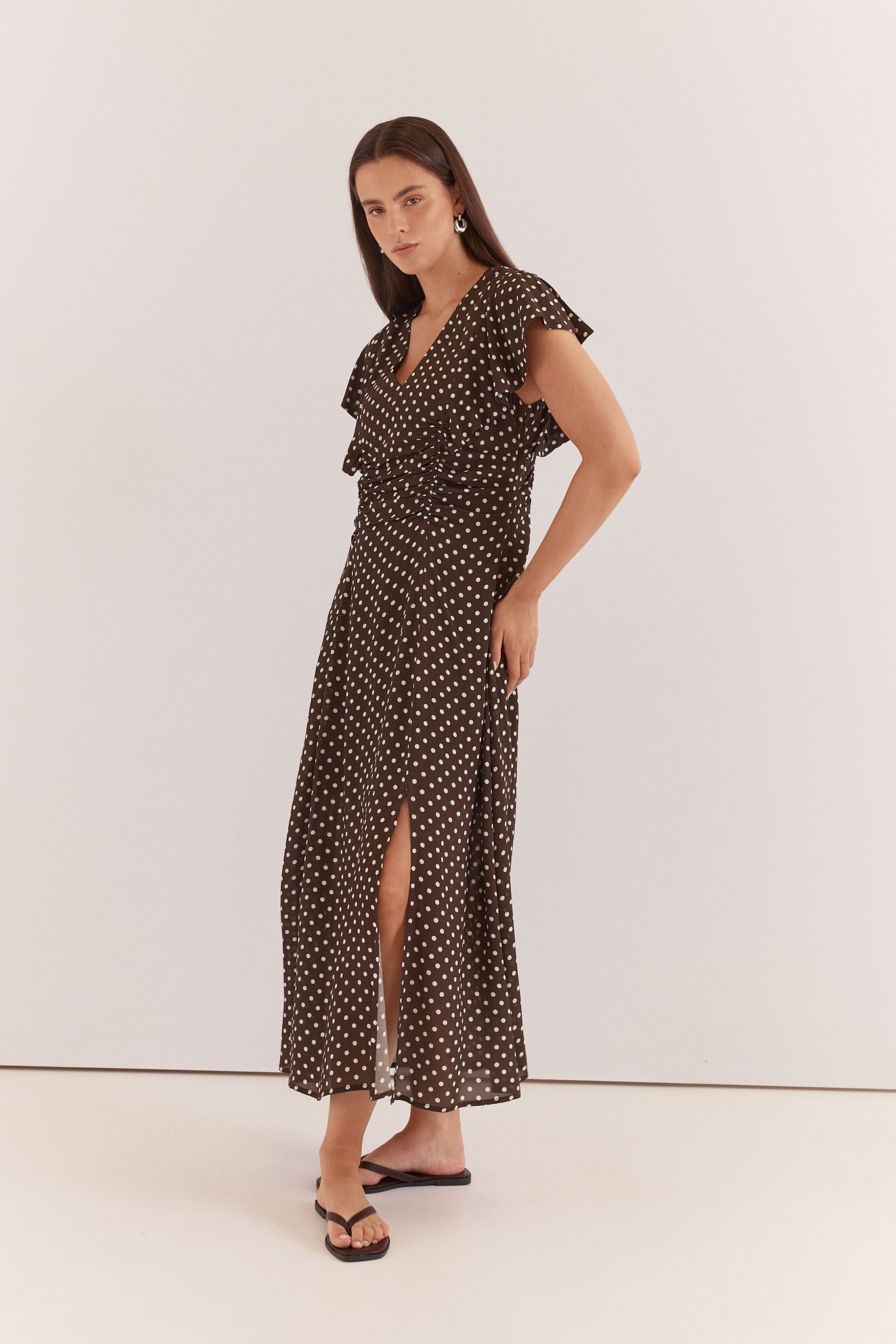 Elba Ruched Waist Dress - Brown Polka Dots