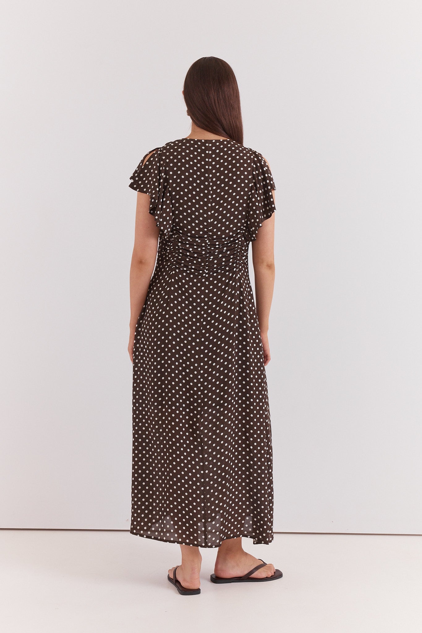 Elba Ruched Waist Dress - Brown Polka Dots