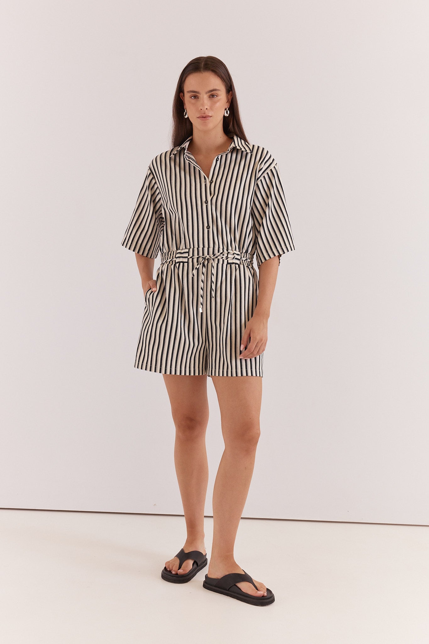 Ingrid Tie Waist Playsuit - Black/Cream