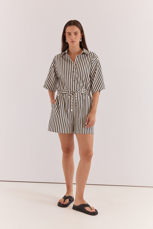 Ingrid Tie Waist Playsuit - Black/Cream