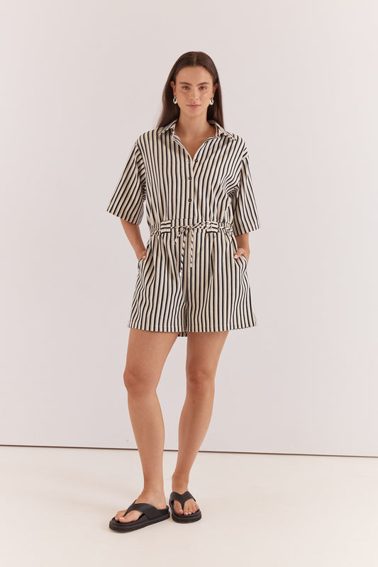 Ingrid Tie Waist Playsuit - Black/Cream