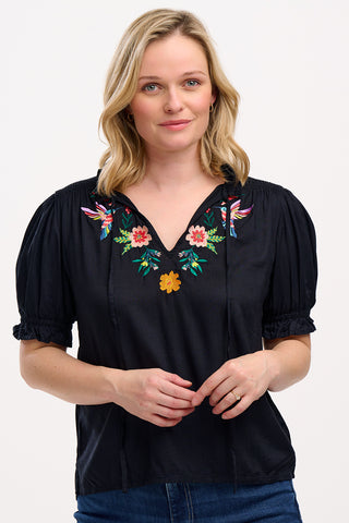 Angelique Shirred Top - Tropical Hummingbird