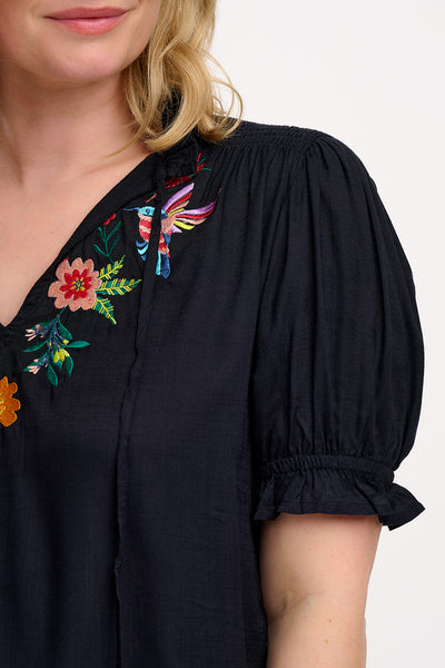 Angelique Shirred Top - Tropical Hummingbird