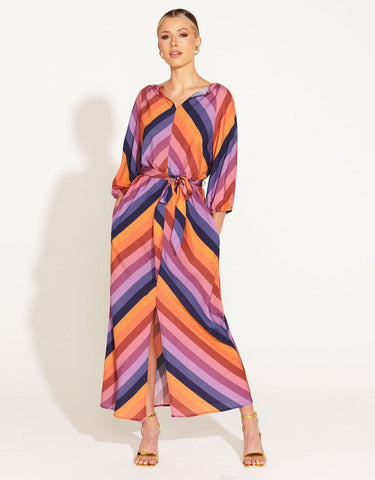 Sunset Dream Tie Waist Midi Dress -Sunset Stripe