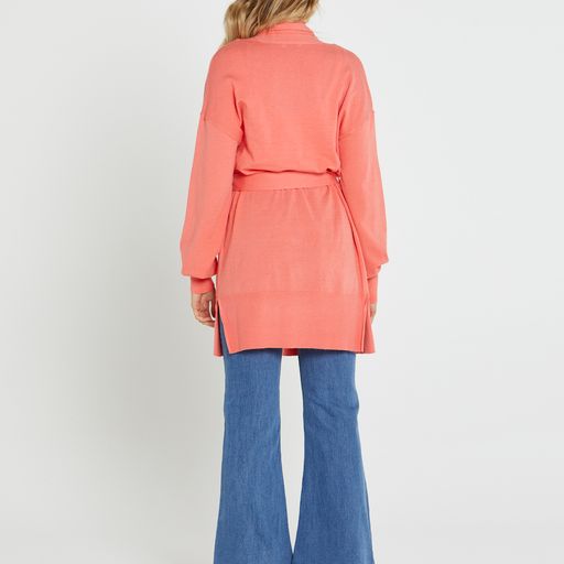 Tabitha Knit Belted Midi cardi - Coral